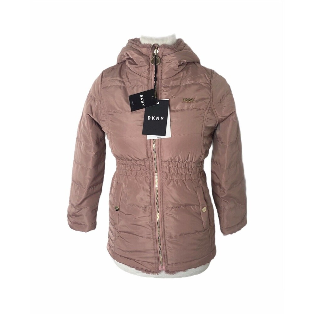 DKNY Girl's Jacket Dusty Rose Blush Reversible Winter Full Zip Hooded Size Small